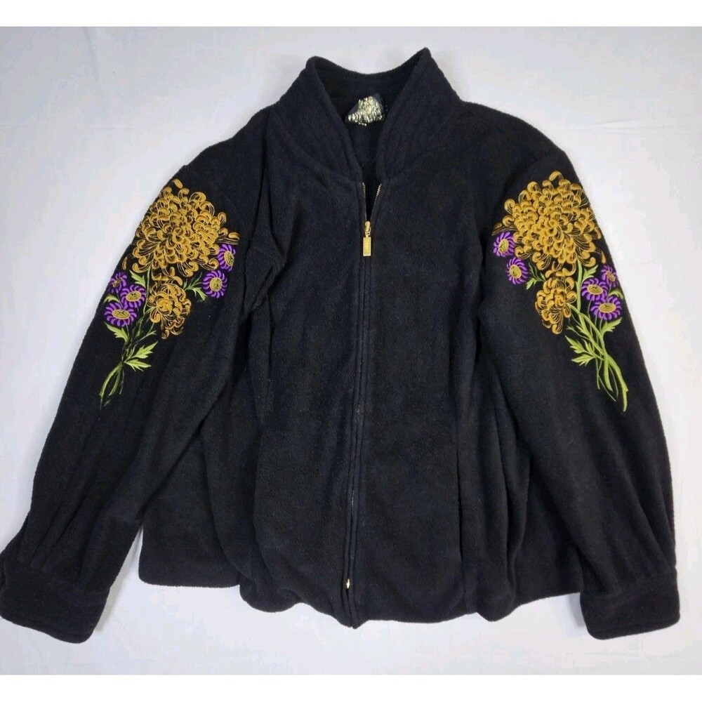 Bob Mackie Jacket Womens Sz 1X Black Embroidered Floral Fleece Full Zip Artwear